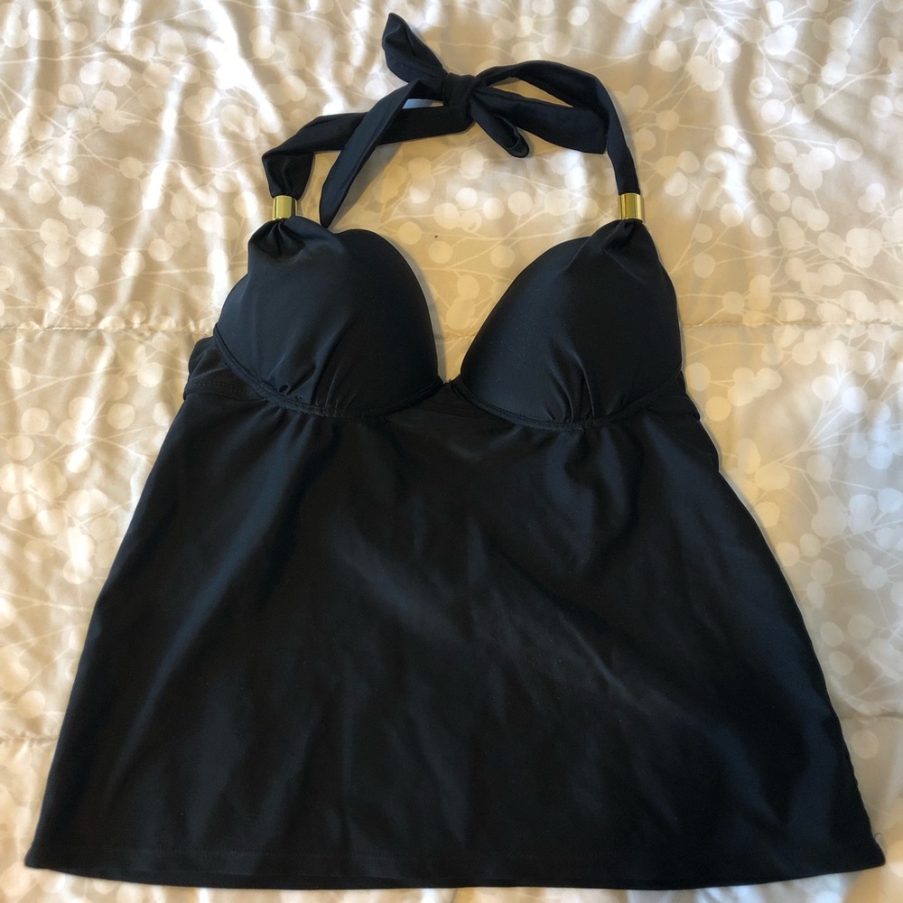 Black tankini top with gold accents